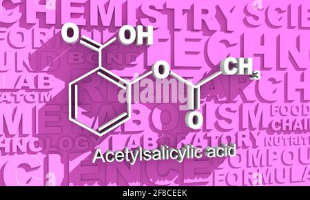 Formula chimica strutturale dell'acido acetilsalicilico. Rendering 3D della molecola di aspirina. Foto Stock