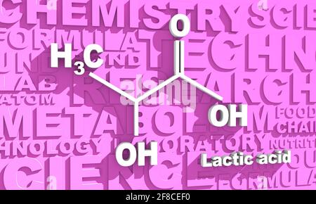 Molecola di acido lattico. Formula chimica strutturale. Illustrazione infografica. Rendering 3D Foto Stock