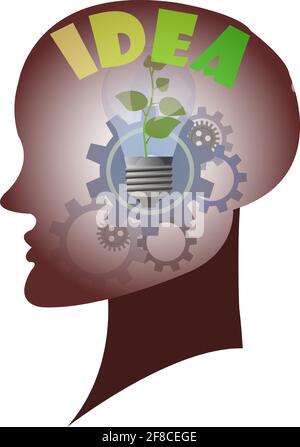 Sagoma della testa umana vettoriale con ingranaggi all'interno della mente e risvegliamento di germogli verdi di idea o concetto di soluzione. Illustrazione piatta della testa di pensiero e. Illustrazione Vettoriale