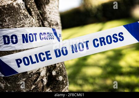 Polizia scena crimine nastro di indagine intorno ad un albero Foto Stock