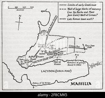 Layout dell'antica città gallo-romana Massilia, (Marsiglia) che mostra il vecchio porto Focaeo, il Lacydon. Dopo un'illustrazione di Edgar Holloway. Foto Stock