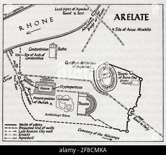 Layout dell'antica città gallo-romana Arelate (Arles), che mostra il Foro, Teatro e Tempio di Bona Dea. Dopo un'illustrazione di Edgar Holloway. Foto Stock