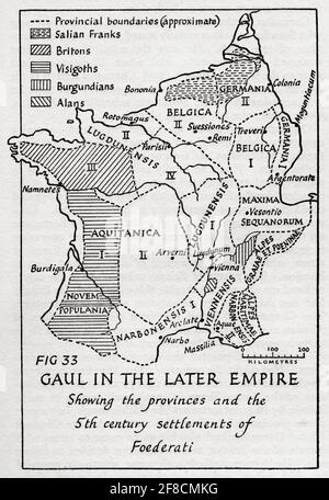 Mappa della Gallia nell'impero successivo, che mostra le province e gli insediamenti del V secolo di Foedarati. Dopo un'illustrazione di Edgar Holloway. Foto Stock