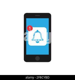 Smartphone con notifica a campana sul display. Telefono con simbolo di notifica illustrazione vettoriale EPS 10 Illustrazione Vettoriale