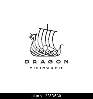 Line art Vector di design del logo della nave vichinga Illustrazione Vettoriale