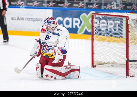 Porza, Svizzera. 13 Apr 2021. 13 Aprile 2021, Porza, Corner Arena, NL 1/4 finale - gioco 1: HC Lugano - SC Rapperswil-Jona Lakers, 60 portiere Melvin Nyffeler (Lakers) (Svizzera/Croazia OUT) Credit: SPP Sport Press Photo. /Alamy Live News Foto Stock