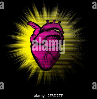 Illustrazione del cuore umano su sfondo nero Foto Stock