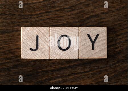 Vista dall'alto delle piastrelle di legno che Spelling out 'Joy' Foto Stock