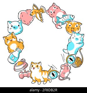 Sfondo con gatti carini kawaii. Divertente illustrazione degli animali. Illustrazione Vettoriale