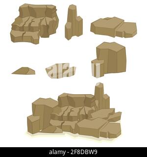 Una serie di pietre e rocce cartoon in stile 3d isometrico. Un insieme di vari massi. Video gioco - vettore azionario Illustrazione Vettoriale