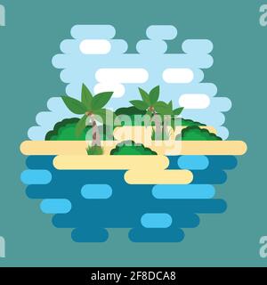 Isola tropicale nell'oceano circondata dal mare, con palme. Stile piatto. Illustrazione vettoriale. Illustrazione Vettoriale