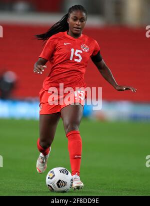 Nichelle Prince del Canada durante la partita amichevole internazionale femminile allo stadio bet365, Stoke. Data immagine: Martedì 13 aprile 2021. Vedi PA storia CALCIO Inghilterra Donne. Il credito fotografico dovrebbe essere: Mike Egerton/PA Wire. RESTRIZIONI: Solo per uso editoriale, nessun uso commerciale senza previo consenso del titolare dei diritti. Foto Stock