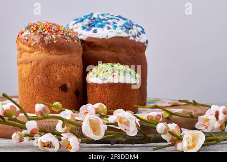 Composizione di natura morta torte pasquali con glassa e tulipani bianchi su sfondo bianco. Foto Stock
