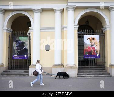 Una donna con un cane cammina accanto a una mostra fotografica di animali riparati a Varsavia, Polonia il 10 aprile 2021. "Animali senza casa attraverso la lente" è un ph Foto Stock