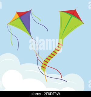 Aquiloni colorati sopra la nuvola, aquiloni volanti in cielo, festa dell'ala d'estate divertimento. Illustrazione vettoriale. Illustrazione Vettoriale