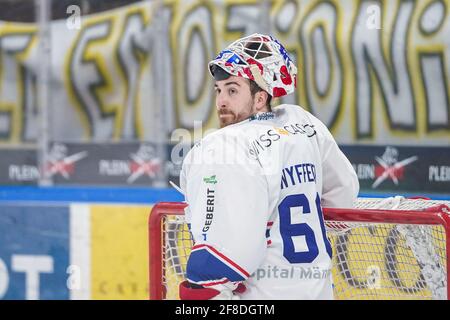 Porza, Svizzera. 13 Apr 2021. 13 Aprile 2021, Porza, Corner Arena, NL 1/4 finale - gioco 1: HC Lugano - SC Rapperswil-Jona Lakers, 60 portiere Melvin Nyffeler (Lakers) (Svizzera/Croazia OUT) Credit: SPP Sport Press Photo. /Alamy Live News Foto Stock