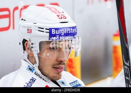 Porza, Svizzera. 13 Apr 2021. 13 Aprile 2021, Porza, Corner Arena, NL 1/4 finale - gioco 1: HC Lugano - SC Rapperswil-Jona Lakers, 53 Joel Scheidegger (Lakers) (Switzerland/Croatia OUT) Credit: SPP Sport Press Photo. /Alamy Live News Foto Stock