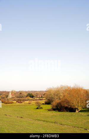 Vista intorno a Arlington con la chiesa di St Pancras, Sussex est, Inghilterra Foto Stock