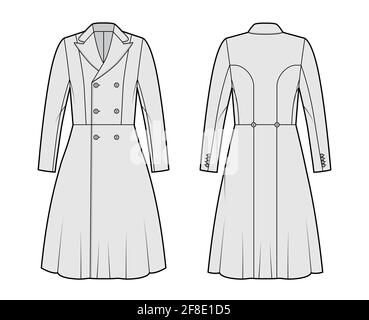 Cappotto Redingote illustrazione tecnica moda con doppio petto, calzato, maniche lunghe, collo in reverendo, lunghezza ginocchio. Modello a giacca piatta anteriore, colore grigio posteriore. Donne, uomini, unisex top CAD Illustrazione Vettoriale