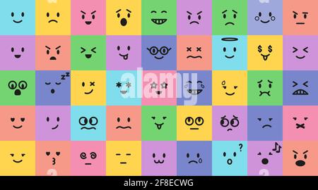 Set emoji quadratini color cartoon. Raccolta di emoticon Vector Colors isolata su bianco. Umore e sorrisi facciali. Divertenti, arrabbiati, felici e tristi volti icone web per il messaggio. Illustrazione Vettoriale