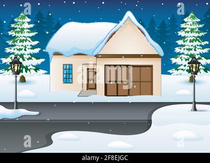 Inverno notte paesaggio con casa e neve sulla strada Illustrazione Vettoriale