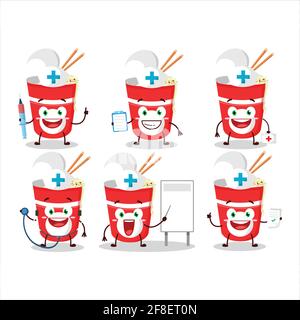 Medico professione emoticon con tazza noodles cartoon carattere. Illustrazione vettoriale Illustrazione Vettoriale