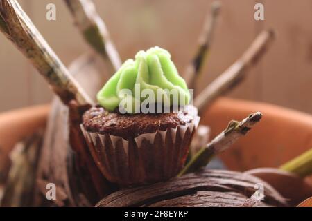 Un primo piano di una cupcake al cioccolato con glassa verde Foto Stock