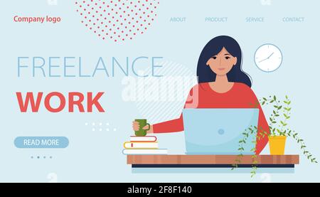 Lavoro freelance - donna che lavora con il laptop. Modello pagina di destinazione. Illustrazione vettoriale in stile piatto Illustrazione Vettoriale