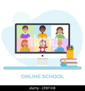 Schermo di monitoraggio con video conferenza con i bambini della scuola. Concetto di formazione online. Illustrazione vettoriale piatta Illustrazione Vettoriale