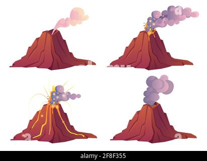 Fasi dell'eruzione vulcanica. Il vulcano erutta con lava calda, fuoco e nuvole di fumo, cenere e gas. Cartoon vettoriale di montagna con cratere e magma flusso isolato su sfondo bianco Illustrazione Vettoriale