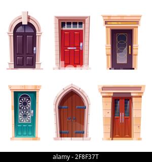 Porte in legno, ingressi in stile medievale e moderno con stipiti in pietra, maniglie in metallo e slot per posta. Oggetti di architettura, elementi di design esterni cottage o castello, set di illustrazioni vettoriali Cartoon Illustrazione Vettoriale
