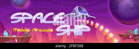 Arcade mobile con astronave, navetta interstellare sorvola il pianeta alieno con rocce volanti e risorse su rocce volanti, design di giochi fantasy, paesaggio extraterrestre, illustrazione vettoriale Cartoon Illustrazione Vettoriale