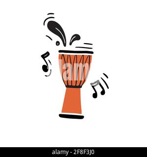 Illustrazione vettoriale creativa dello strumento a percussione tradizionale chiamato djembe drum con note astratte nere disegnate a mano in stile piatto minimalista riproduzione di musica autentica durante il concerto Illustrazione Vettoriale