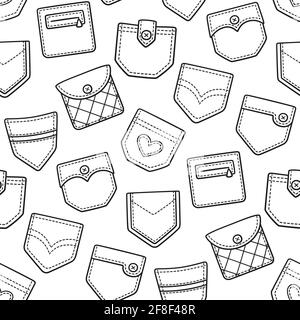 Motivo senza cuciture con tasche in denim trafilate a mano. Illustrazione vettoriale Doodle Illustrazione Vettoriale