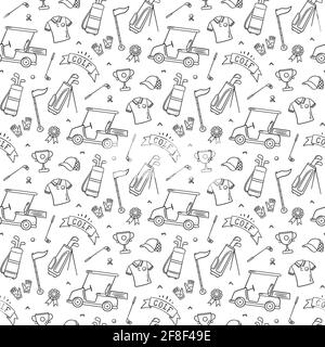 Golf senza cuciture modello - club, palla, bandiera, borsa e golf cart in stile doodle. Illustrazione vettoriale disegnata a mano Illustrazione Vettoriale
