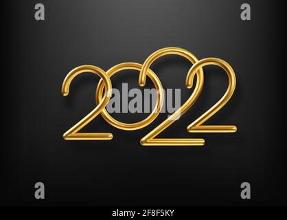 Iscrizione realistica in oro metallico 2022. Calligrafia oro scritta di Capodanno su sfondo nero. Elemento di progettazione per poster pubblicitari, volantino Illustrazione Vettoriale