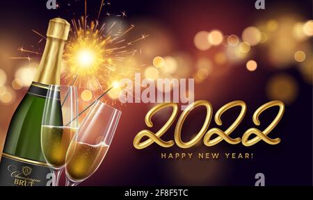 Felice illustrazione del nuovo anno 2022 con il numero reale d'oro 2022, bicchieri di champagne e fuochi d'artificio scintille. Il sequin oro sfoca lo sfondo bokeh Illustrazione Vettoriale
