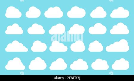 Nuvole bianco piatto icona insieme isolato su cielo blu. Nuvola di forma diversa modello banner Web astratto cartoni animati simbolo bolla vocale. Simbolo del concetto aziendale della tecnologia dati della rete Internet digitale Illustrazione Vettoriale