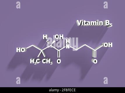 Acido pantotenico o vitamina B5 formula chimica strutturale. Rendering 3D. Foto Stock