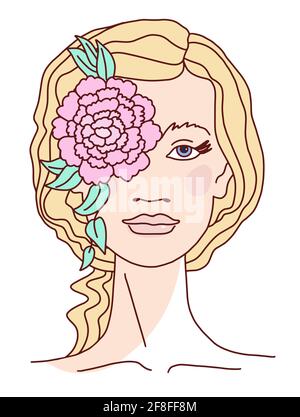 Donna bionda di bellezza moderna stilizzata viso con fiori. Illustrazione vettoriale stile linea Illustrazione Vettoriale