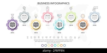 Cerchi di infografia con otto passi, icone. Modello vettore dati timeline. Utilizzato per diagrammi, attività, layout del flusso di lavoro, presentazioni, diagramma di flusso Illustrazione Vettoriale