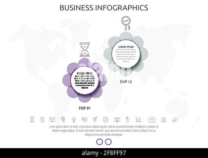 Cerchi infografici con 2 passaggi, icone. Modello vettore dati timeline. Utilizzato per schemi, business, web, banner, layout del flusso di lavoro, diagramma di flusso, informazioni Illustrazione Vettoriale