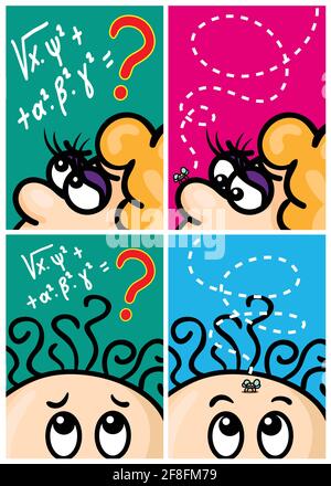 Insieme vettoriale di fumetti umoristici, risolvere il problema, volare con percorso di linea. Disegnato a mano. Stampa illustrazione Illustrazione Vettoriale