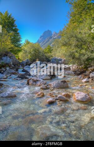 Fiume Valbona circondato da una splendida natura in Albania Foto Stock