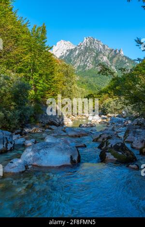 Fiume Valbona circondato da una splendida natura in Albania Foto Stock