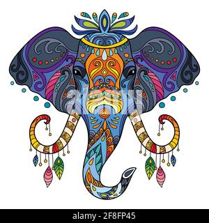 Testa di elefante con doodle e zentangle elementi. Illustrazione colorata astratta vettoriale isolata su sfondo bianco. Per design, stampa, decorazione, tat Illustrazione Vettoriale