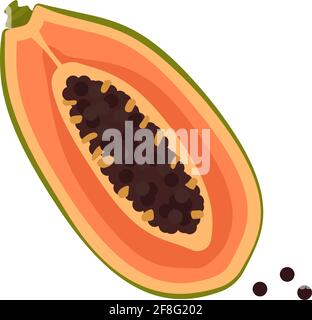 Icona papaya. Frutta esotica intera, metà o cuneo. Cibo dolce per una dieta sana, dessert, snack con semi. Frutta o verdura gialla. Elementi per Illustrazione Vettoriale