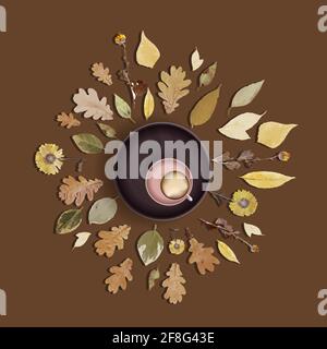 Tazza di cappuccino o latte sulla vista dall'alto. Illustrazione autunnale. Foglie d'autunno. Tè alle erbe. Illustrazione vettoriale. Illustrazione Vettoriale