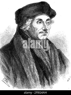 Desiderio Erasmus di Rotterdam, 28 ottobre 1466/1467/1469 - 11 luglio 12, 1536, è stato un importante studioso olandese di umanesimo rinascimentale / desiderio Erasmus von Rotterdam, 28. Ottobre 1466/1467/1469 - 11./12. Juli 1536, war ein beddeutender Niederländischer Gelehrter des Renaissance-Humanismus, Historisch, storico, digitale riproduzione migliorata di un originale del 19 ° secolo / digitale Reproduktion einer Originalvortlage aus dem 19. Jahrhundert, Originaldatum nicht bekannt Foto Stock