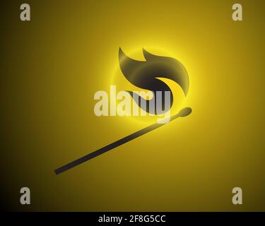 La silhouette nera di una partita in fiamme con l'effetto incandescente si trova su un semplice sfondo sfumato. Illustrazione vettoriale, EPS 10. Illustrazione Vettoriale